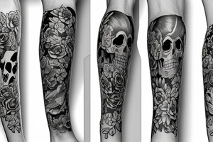 Full legs sleeve with swords, skulls, flowers and falcons tattoo idea