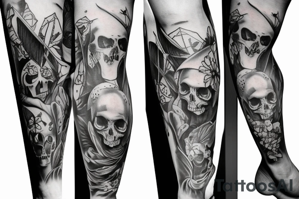 Full legs sleeve with swords, skulls, flowers and falcons tattoo idea