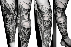 Full legs sleeve with swords, skulls, flowers and falcons tattoo idea