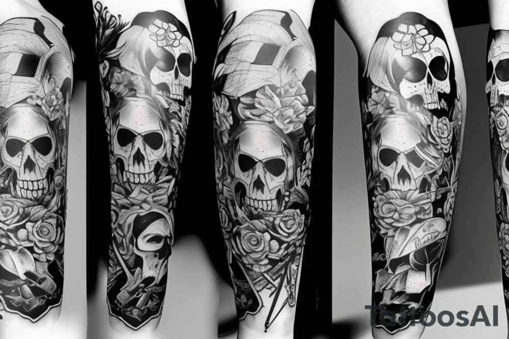 Full legs sleeve with swords, skulls, flowers and falcons tattoo idea