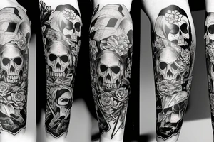 Full legs sleeve with swords, skulls, flowers and falcons tattoo idea