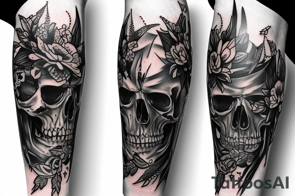 Full legs sleeve with swords, skulls, flowers and falcons tattoo idea