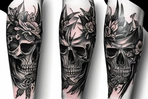 Full legs sleeve with swords, skulls, flowers and falcons tattoo idea