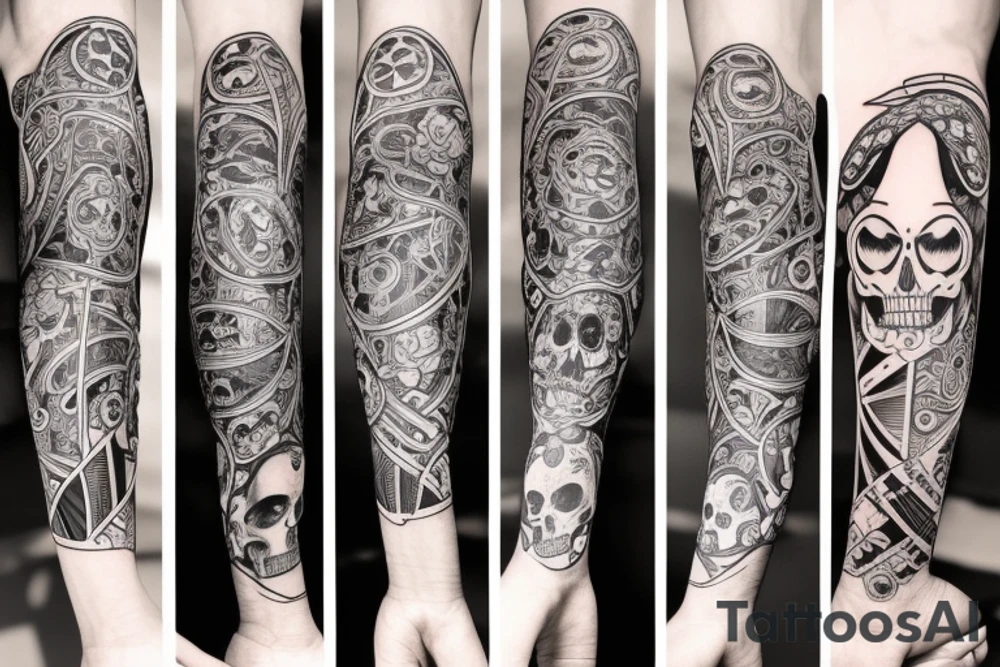 Full legs sleeve with swords, skulls, flowers and falcons tattoo idea