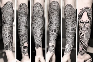 Full legs sleeve with swords, skulls, flowers and falcons tattoo idea