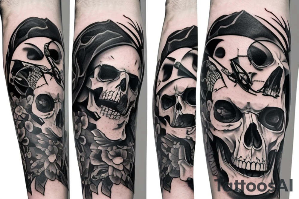 Full legs sleeve with swords, skulls, flowers and falcons tattoo idea