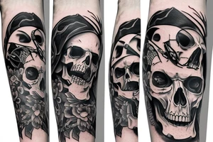 Full legs sleeve with swords, skulls, flowers and falcons tattoo idea