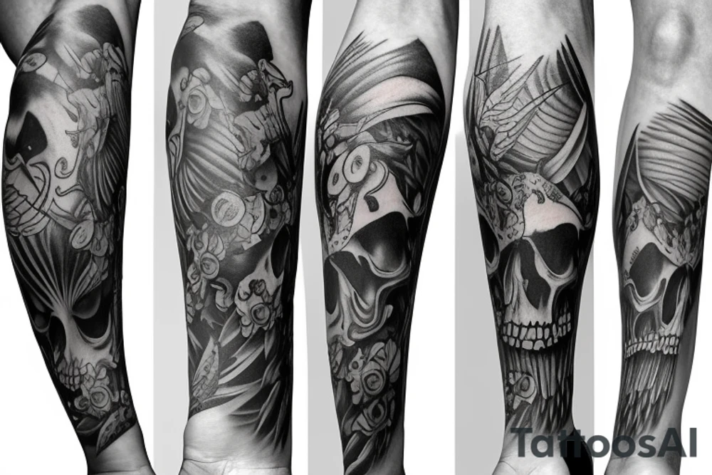 Full legs sleeve with swords, skulls, flowers and falcons tattoo idea
