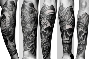 Full legs sleeve with swords, skulls, flowers and falcons tattoo idea