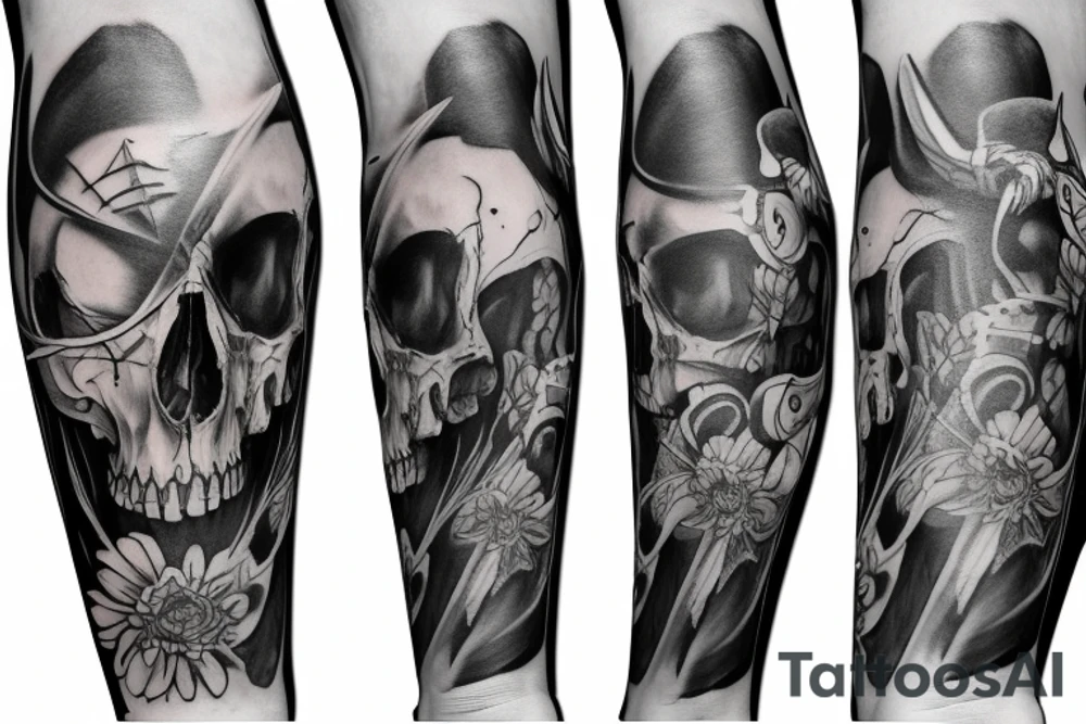 Full legs sleeve with swords, skulls, flowers and falcons tattoo idea