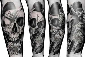 Full legs sleeve with swords, skulls, flowers and falcons tattoo idea