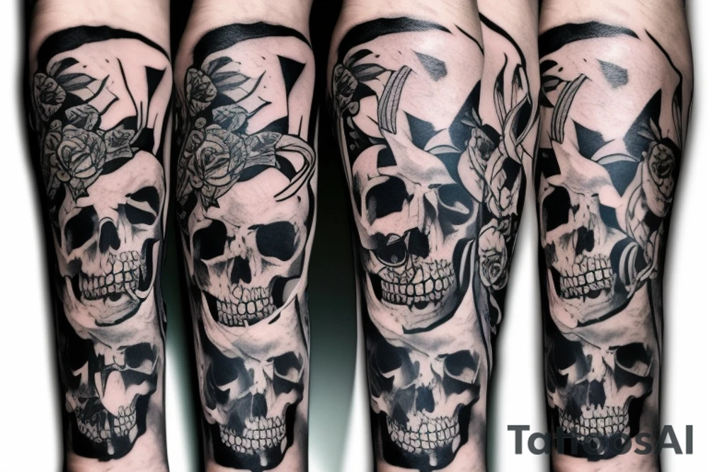 Full legs sleeve with swords, skulls, flowers and falcons tattoo idea