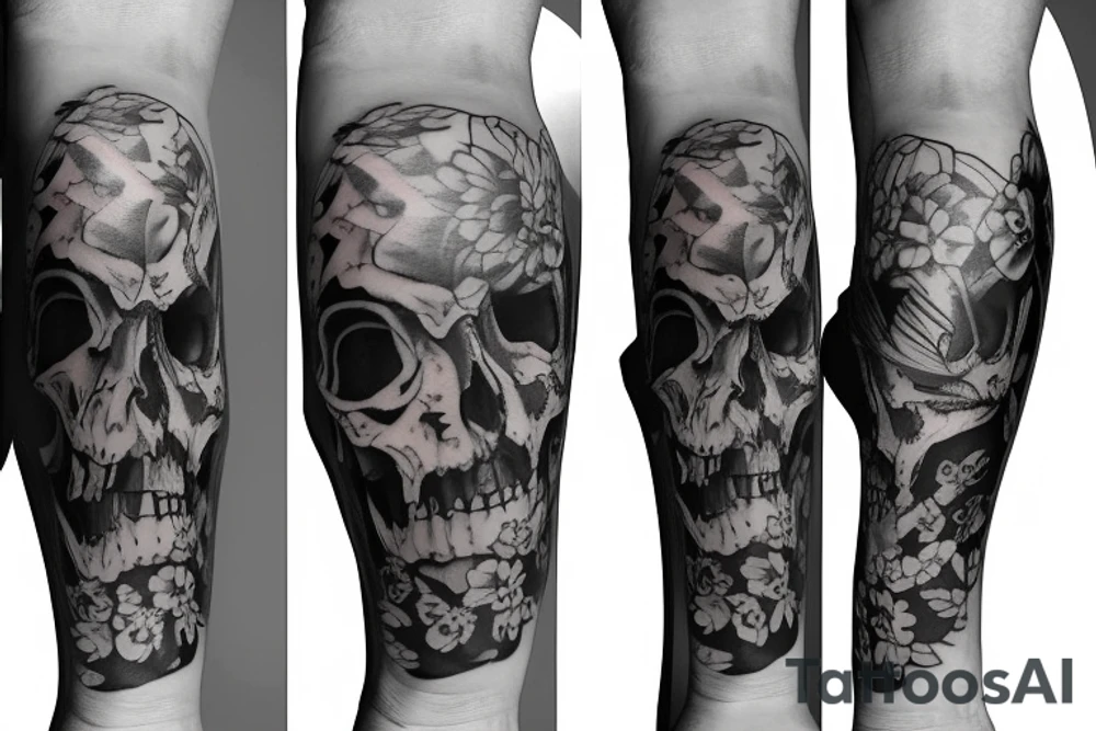 Full legs sleeve with swords, skulls, flowers and falcons tattoo idea