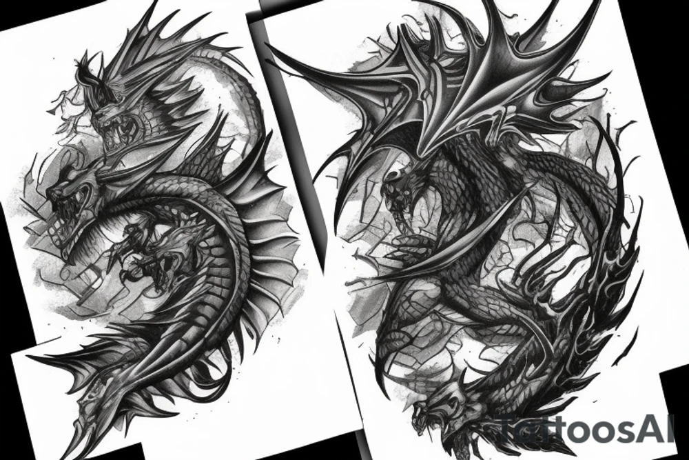 Realistic black and gray fierce dragom tattoo idea