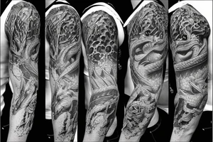 Realistic black and gray fierce dragom tattoo idea