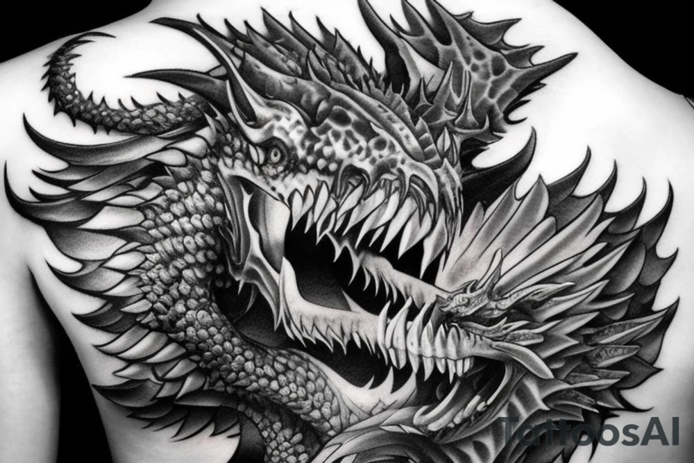 Realistic black and gray fierce dragom tattoo idea