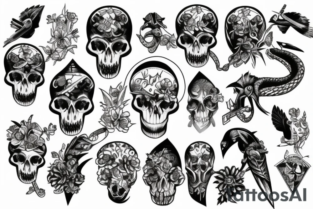 snake, sword, skull, flowers and falcons tattoo idea