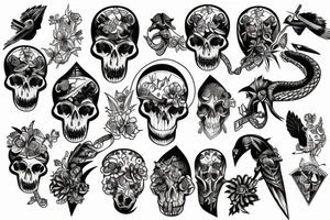 snake, sword, skull, flowers and falcons tattoo idea