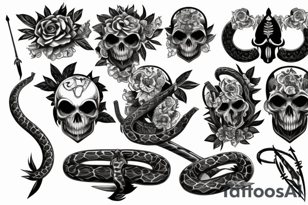 snake, sword, skull, flowers and falcons tattoo idea