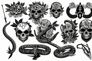 snake, sword, skull, flowers and falcons tattoo idea