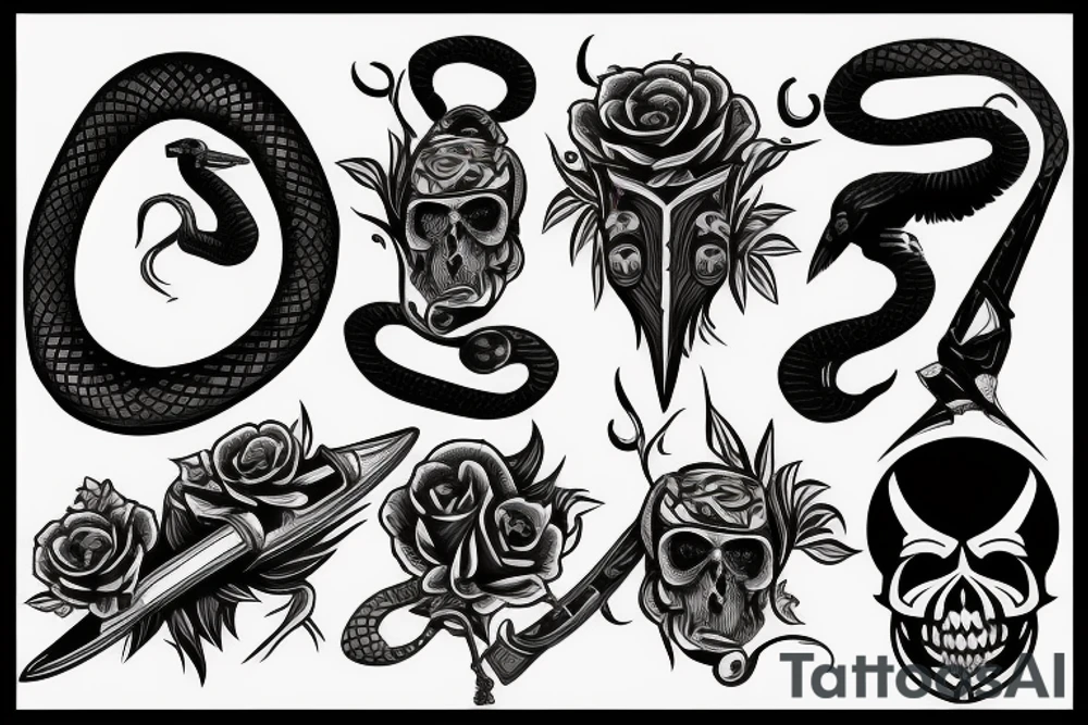 snake, sword, skull, flowers and falcons tattoo idea