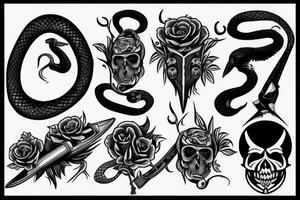 snake, sword, skull, flowers and falcons tattoo idea