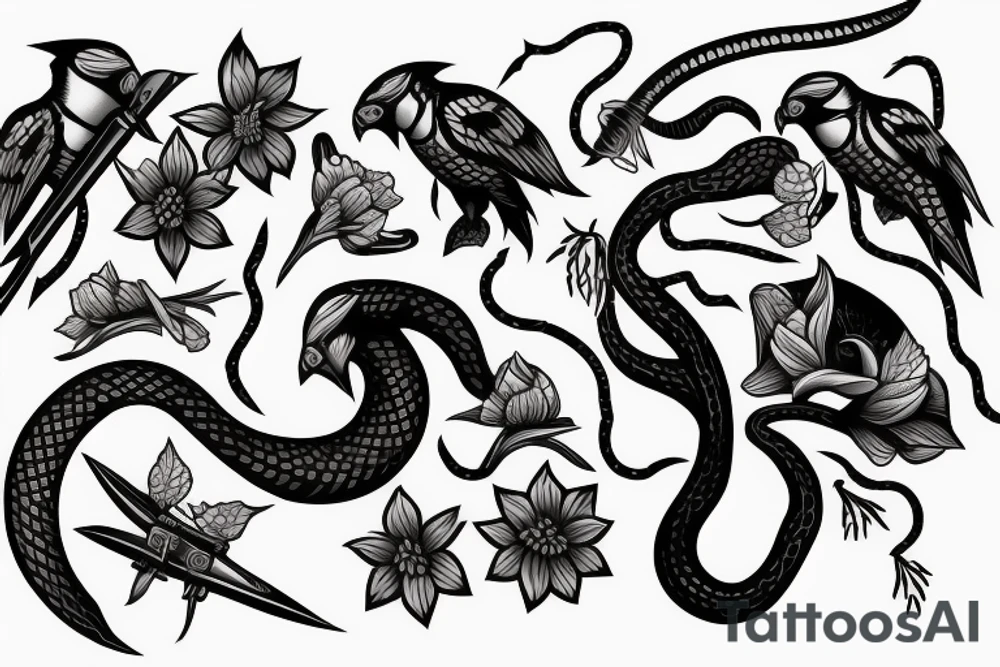 snake, sword, skull, flowers and falcons tattoo idea