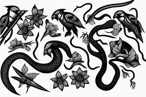 snake, sword, skull, flowers and falcons tattoo idea