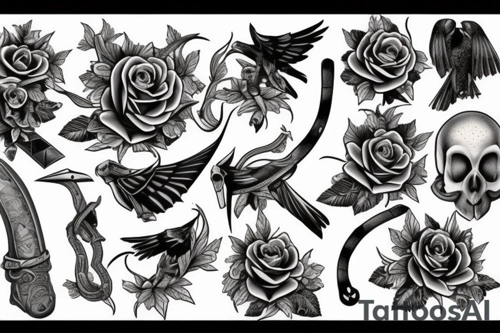 snake, sword, skull, flowers and falcons tattoo idea
