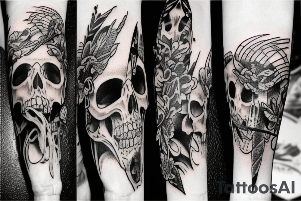 snake, sword, skull, flowers and falcons tattoo idea