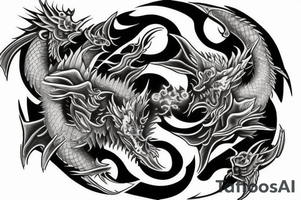 Realistic Black and white dragon crushing a yin yang symbol tattoo idea