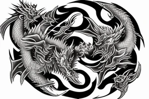 Realistic Black and white dragon crushing a yin yang symbol tattoo idea