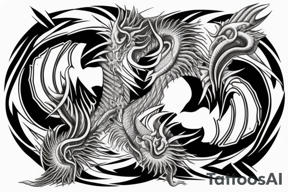 Fierce, Realistic Black and white dragon crushing a yin yang symbol tattoo idea