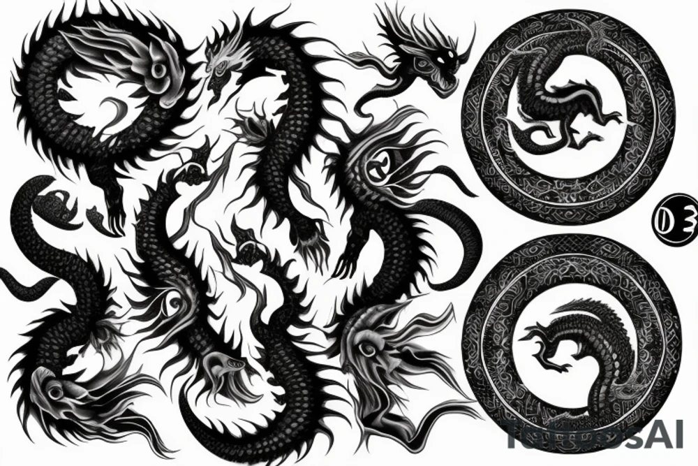 Fierce, Realistic Black and white dragon crushing a yin yang symbol tattoo idea