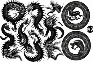Fierce, Realistic Black and white dragon crushing a yin yang symbol tattoo idea