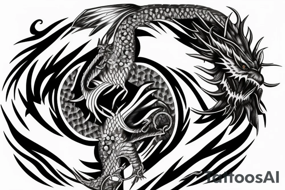 Fierce, Realistic, Black and white dragon crushing a yin yang symbol tattoo idea