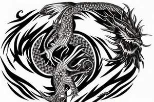Fierce, Realistic, Black and white dragon crushing a yin yang symbol tattoo idea
