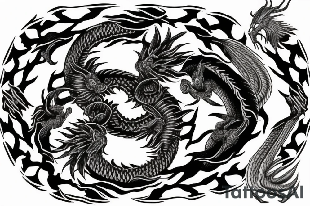 Fierce, Realistic, Black and white dragon crushing a yin yang symbol tattoo idea