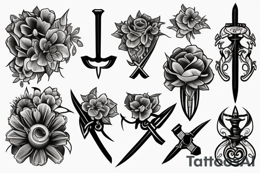 flowers and swords tattoo idea