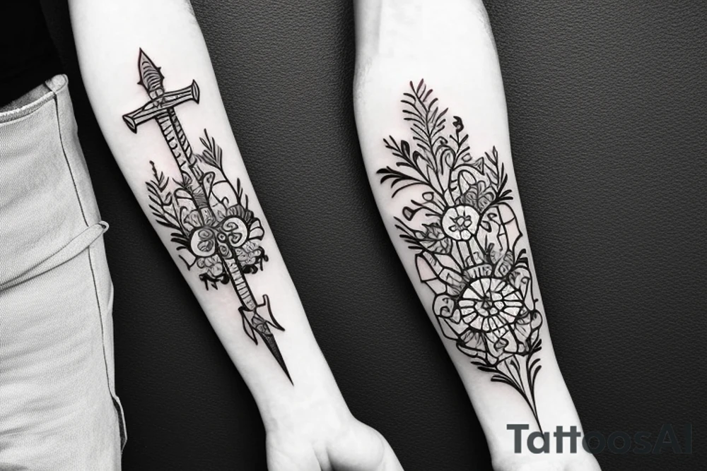 sword with flowers tattoo idea