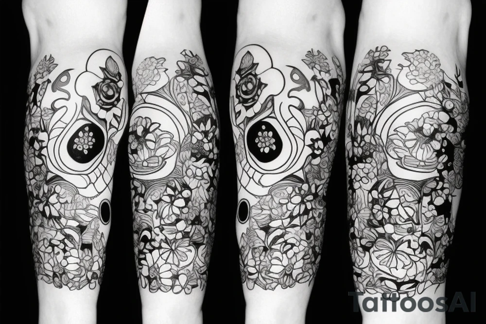skull with flowers on leg tattoo idea