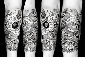 skull with flowers on leg tattoo idea
