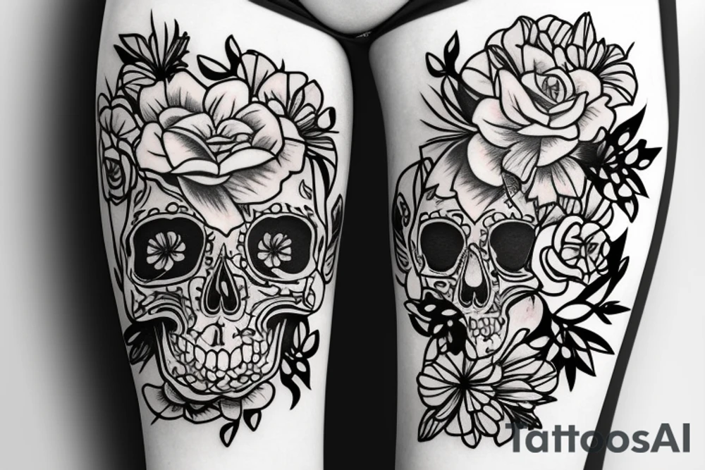 skull with flowers on leg tattoo idea