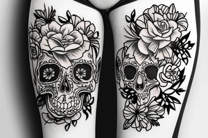 skull with flowers on leg tattoo idea