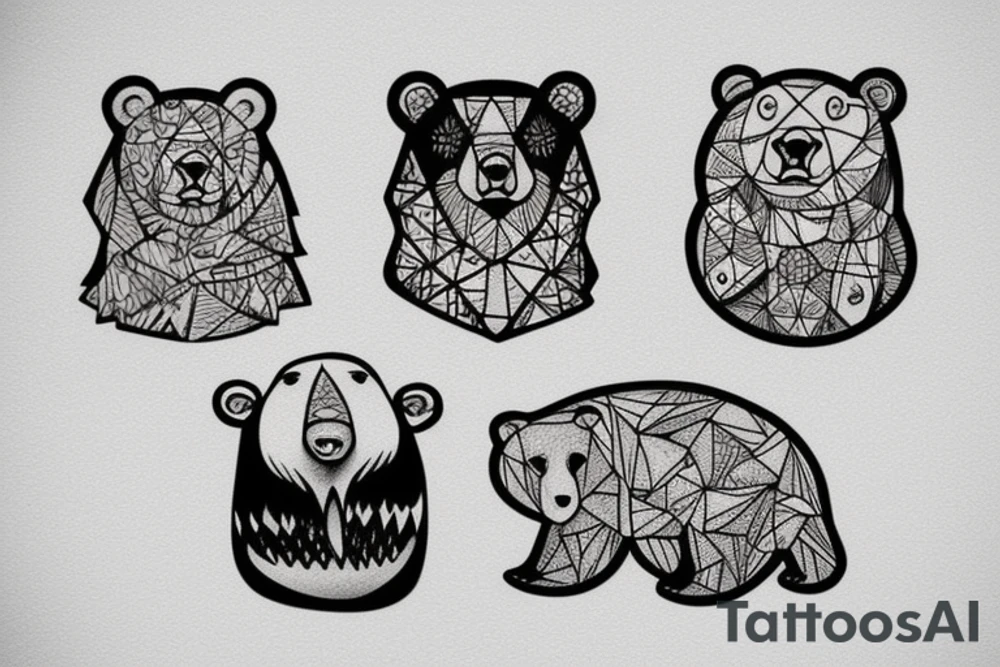 Three bears in a row all different styles tattoo idea