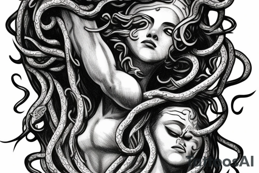 Medusa with one eye open and one eye closed.
Like grec statue. tattoo idea