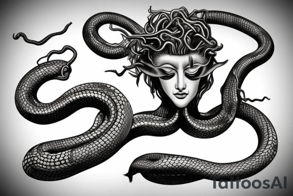 Medusa statue. With snake hair. Taro style. One eye closed. Front point of view. tattoo idea