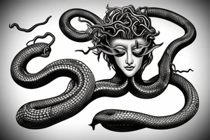 Medusa statue. With snake hair. Taro style. One eye closed. Front point of view. tattoo idea