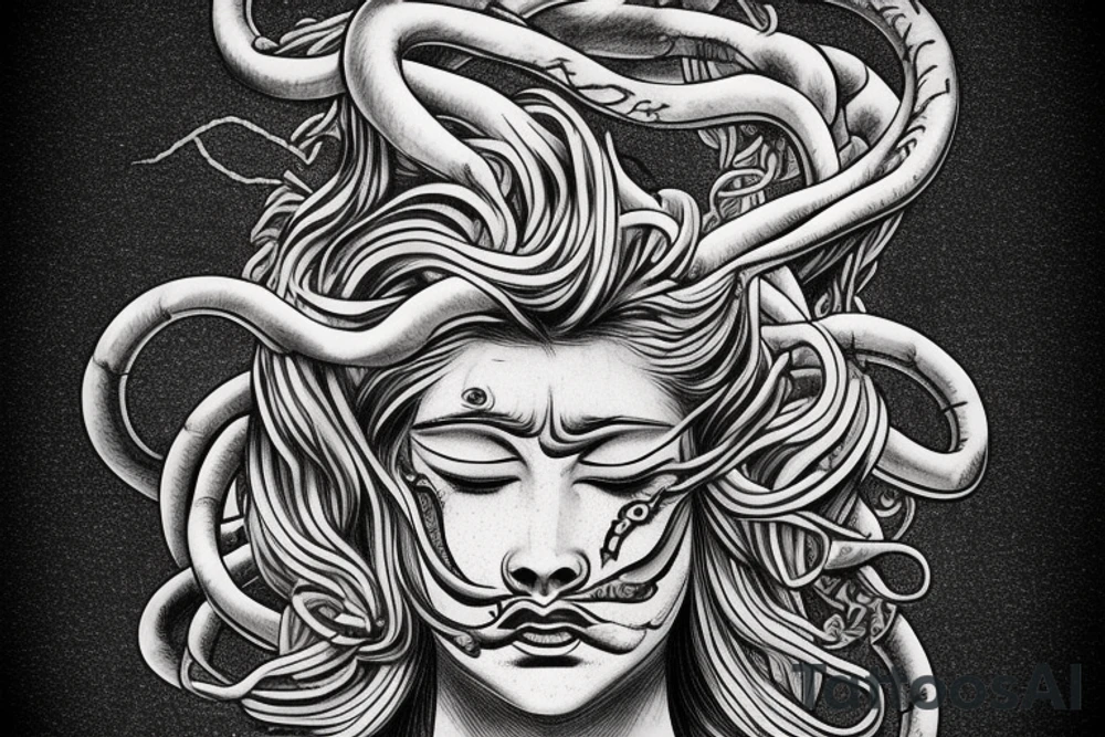 Medusa statue. With snake hair. Taro style. One eye closed. Front point of view. tattoo idea