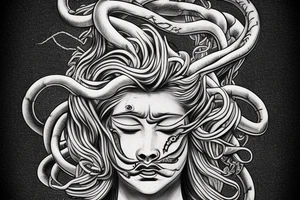 Medusa statue. With snake hair. Taro style. One eye closed. Front point of view. tattoo idea